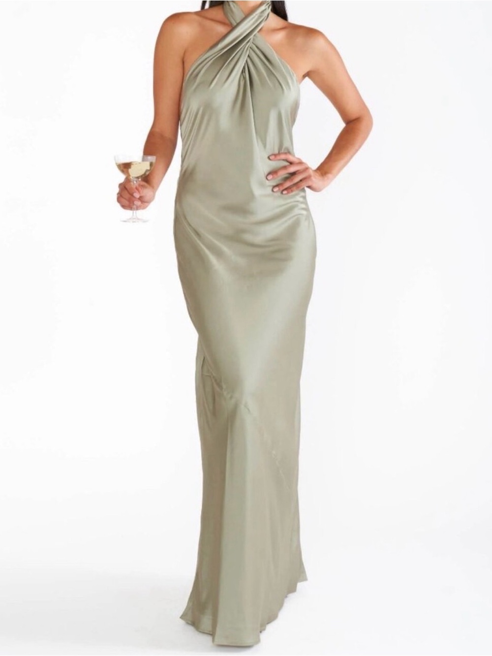 Show Me Your MuMu - Jasmine Halter Maxi Dress Moss Green Luxe Satin Women's